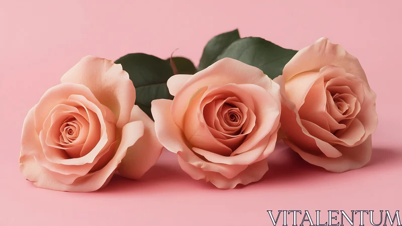 Three Coral Roses Against Pink Background.