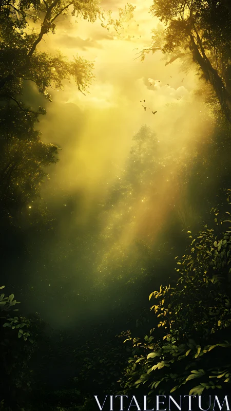 Sunlit mist drifts through an emerald dream-forest veil.