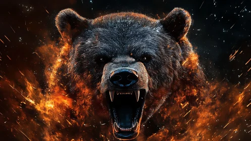 Furious bear head emerging from blazing firestorm backdrop.
