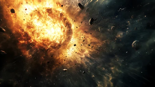 Blazing cosmic explosion scattering asteroids in deep space.