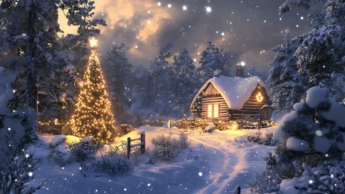 3D winter cabin scene with illuminated Christmas tree composition.