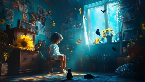 Luminous child interior with levitating fauna and floral halos.