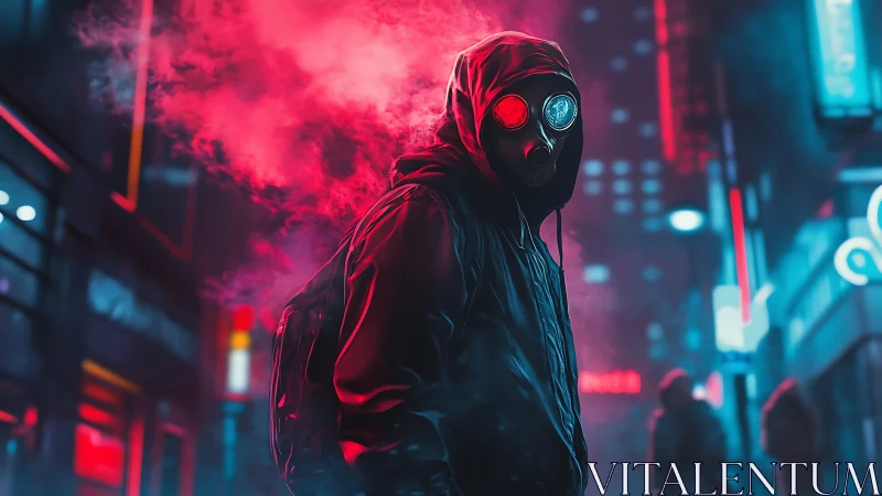 Hooded gasmask drifter in neon aerosol-saturated alleyway.