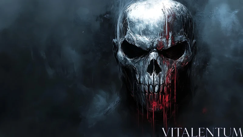 Metallic skull drips blood through smoky blue darkness