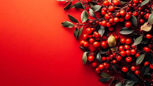 Red berries and foliage arranged on saturated crimson background