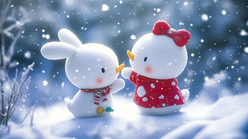 Snowy bunny and kitty share gentle winter friendship.