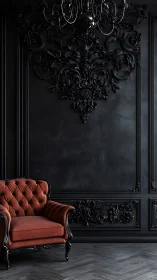 Red velvet armchair in dark ornate classical interior.