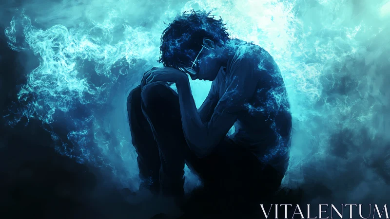 Solitary figure curls into luminous blue storm of emotion