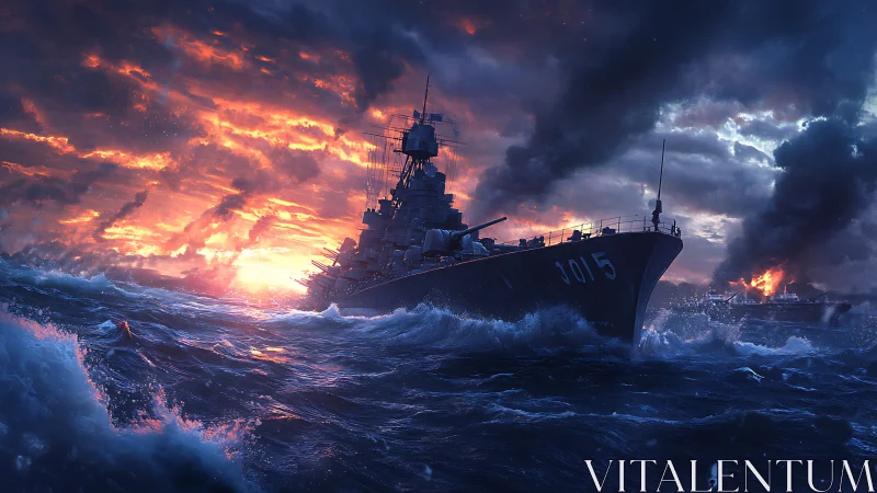 Warship advances through rough sea under burning sky