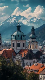 Copper domes converse quietly beneath watchful alpine giants