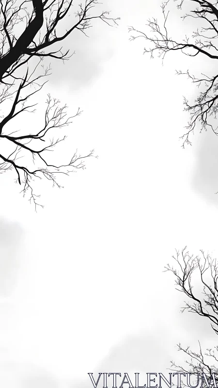 Bare winter branches framing white minimalist skyscape.