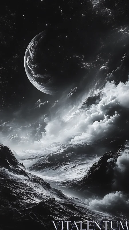 Alien moonlit landscape unfolds beneath swirling cosmic clouds.