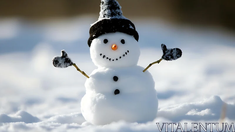 Cheerful little snowman spreads joy across a bright snowy field