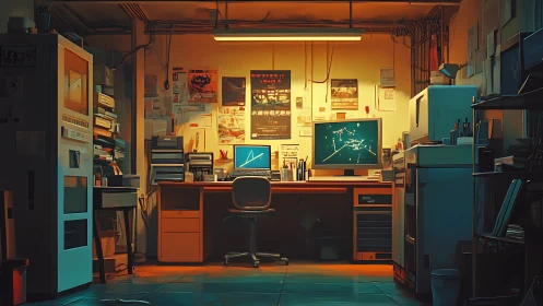 Dimly lit computer workspace in cluttered technical room.