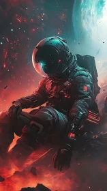 Solitary astronaut drifts above volcanic alien surface