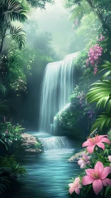 Serene tropical waterfall amid vivid jungle blooms.