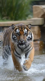 Wildwater tiger strides forward with bold, bright focus.