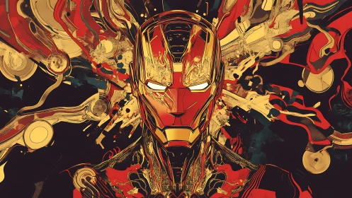 Armored hero portrait in molten red gold abstract field