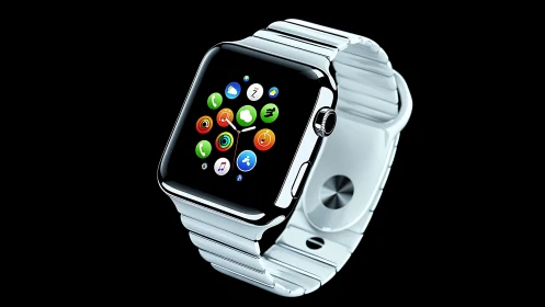 Chromed smartwatch render with app grid and steel bracelet.