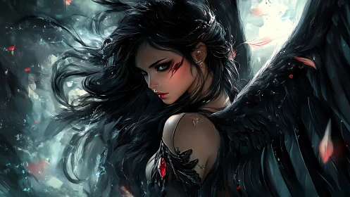 Dark-winged angel portrait rendered in dramatic digital chiaroscuro