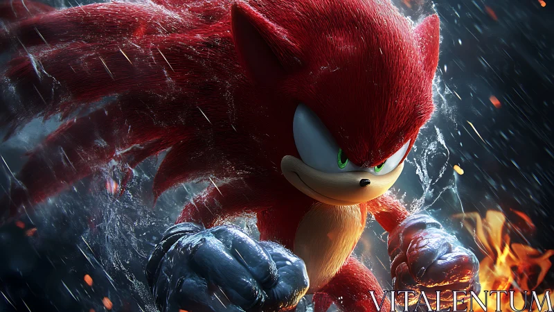 Red anthropomorphic hedgehog charges through rain and fire