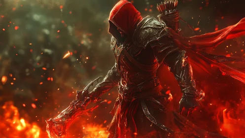 Hooded fire warrior strides through burning battlefield