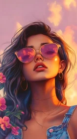 Digital portrait of woman in sunglasses under sunset sky.