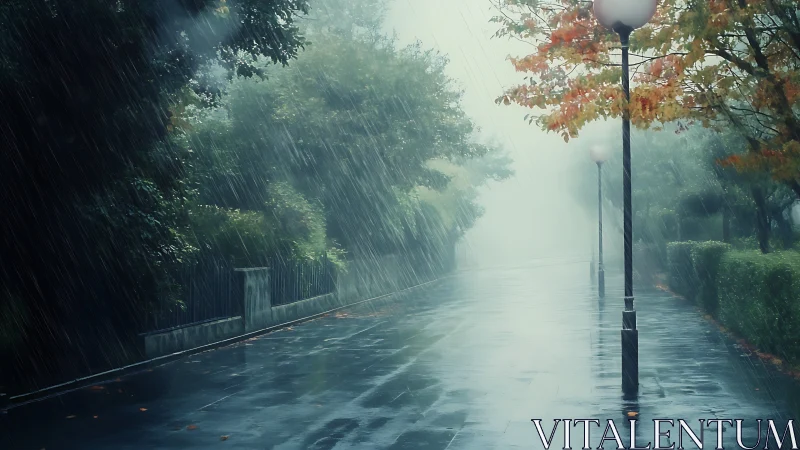 Foggy rainy avenue with autumn trees and wet lampposts.
