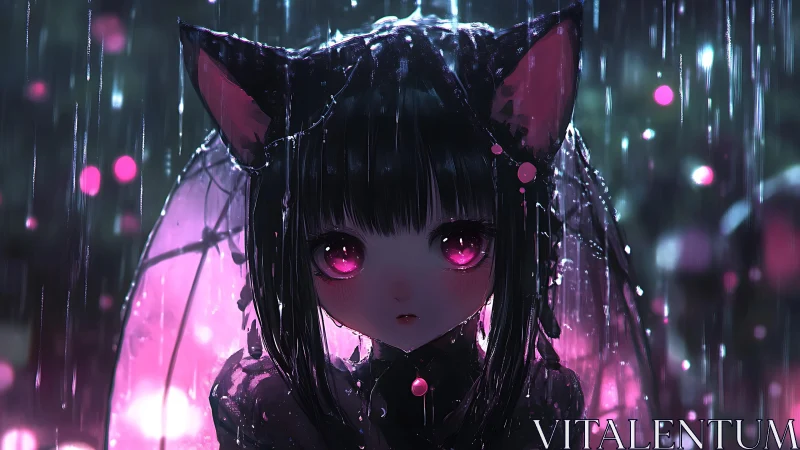 Rainlit neon catgirl stares through midnight-pink dreams.