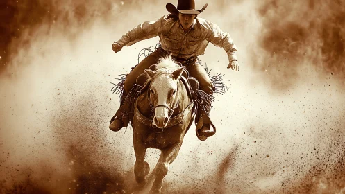 Dusty rodeo charge with determined cowboy and bold horse.