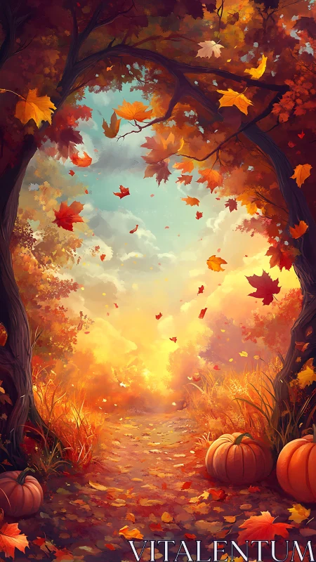 Golden autumn path glows softly under swirling maple leaves