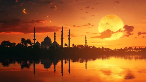 Mosque silhouette under giant moon and orange sunset sky.