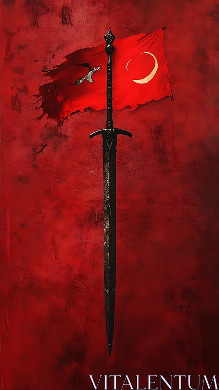 Vertical war sword bisects tattered red banner with crescent emblem