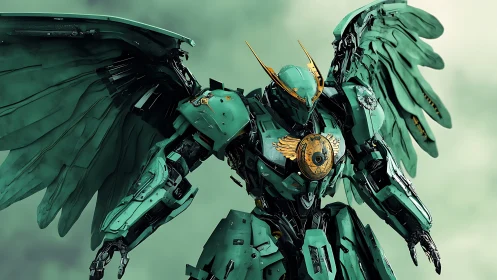 Emerald winged mecha warrior hovers against misted sky