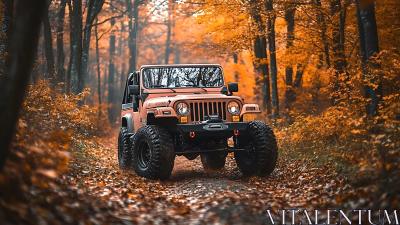 Orange off-road vehicle is positioned on forest trail