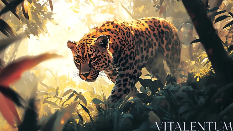 Leopard Stalking Through Golden Jungle Sunlight.