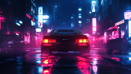 Neon sports car in rainy cyberpunk city street at night.