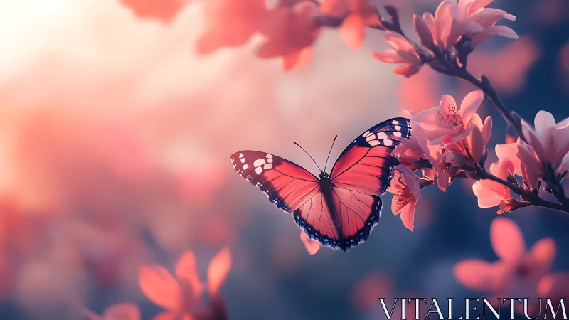 Macro study of pink butterfly in shallow depth floral bokeh field