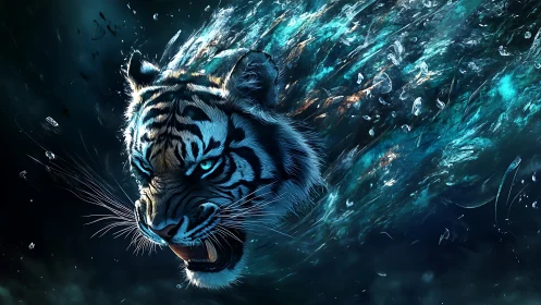 Roaring spirit of a glowing blue tiger bursts through water