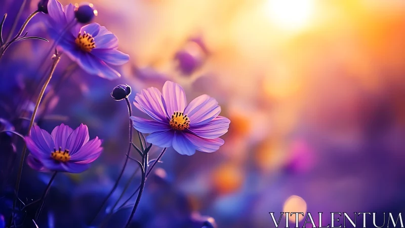 Purple Cosmos Flowers Glowing at Golden Hour.