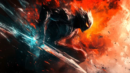 Infernal cyber warrior poised amid explosive energy storm.