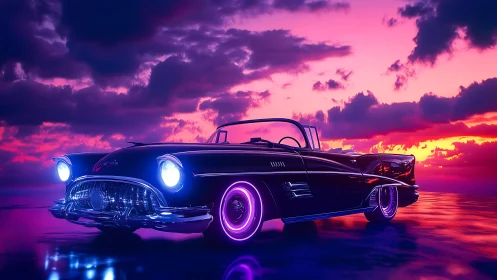 Neon-lit classic convertible under vivid cyber sunset sky.
