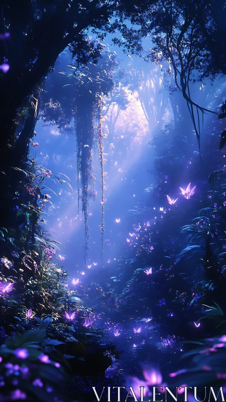 Luminous purple butterflies drift through a misty forest path.