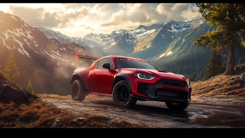 Red off-road sports truck parked on rugged alpine trail.