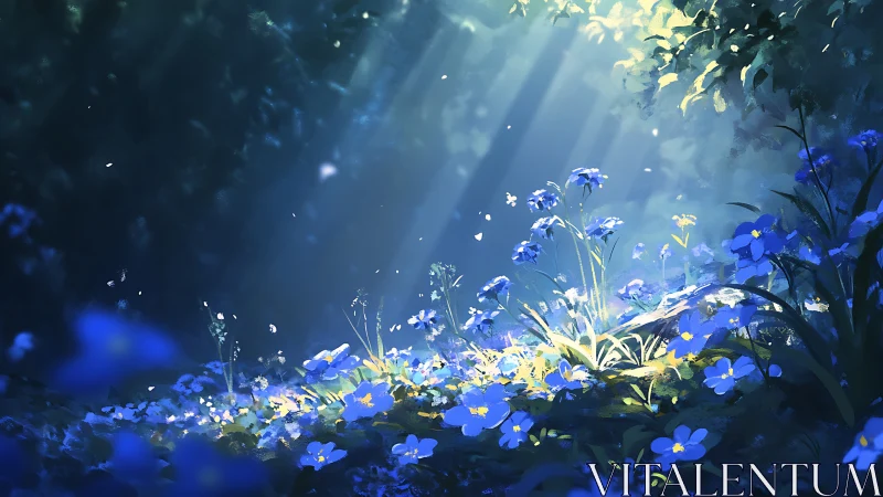 Sunlit blue wildflowers glow softly in a tranquil forest glade