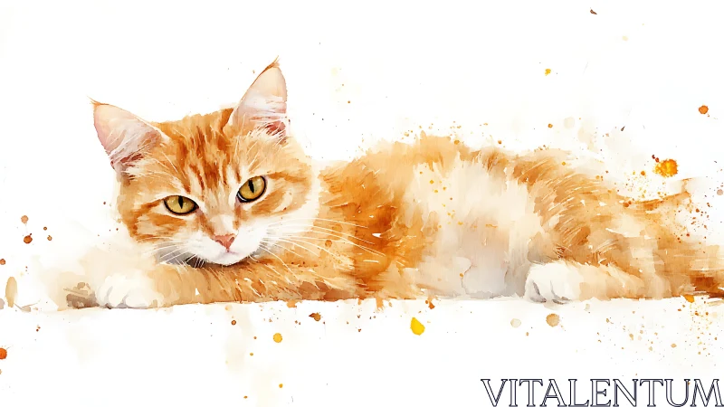 Orange Tabby Cat in Watercolor Splatter Technique with Ochre Pigmentation