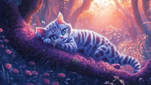 Striped Cat Resting on Pink Flowers in Luminous Forest