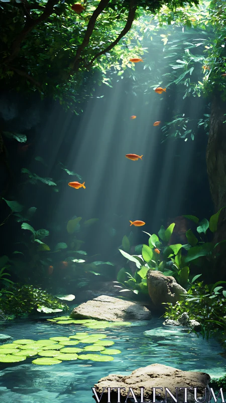 Volumetric sunrays over aquatic grotto with suspended fish.
