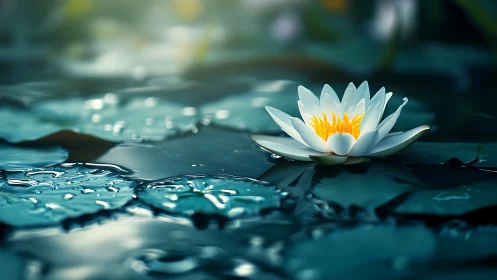White water lily on still pond surface at soft daylight.