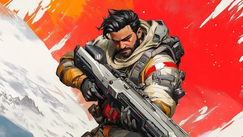 Tactical sci fi marksman with composite rifle in arctic theater.